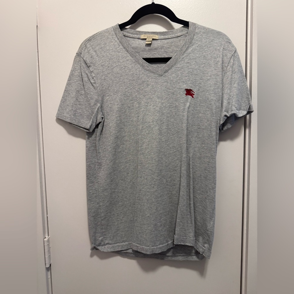 Burberry Men’s Small Gray Short Sleeve Cotton Tee with Embroidered Detail